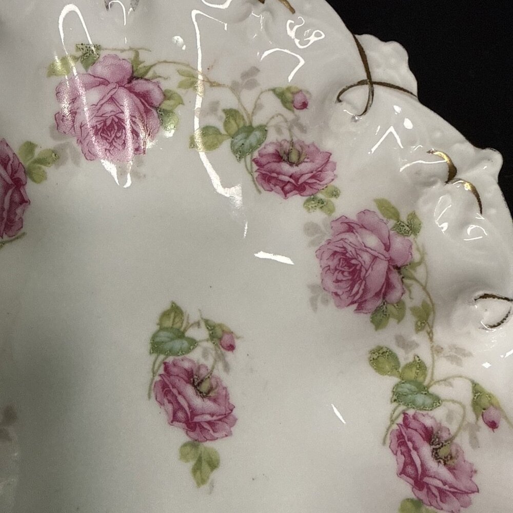 Antique MZ Austria Plate Decorative Oval Ruffle Edge Roses Gold Back Mark - Picture 13 of 16